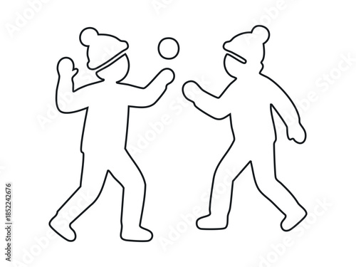 Black outline of children playing snowball fight, winter scene. concept of winter, outdoor play, fun activity, childhood, snowball fight, icon, design element, white background