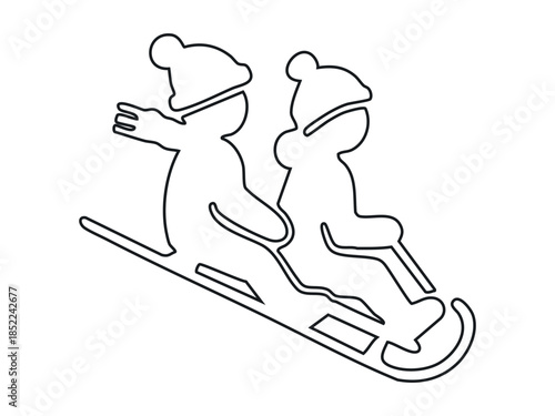 Black outline of two children sledding, illustration. concept of winter, fun, outdoor activity, kids playing in snow, icon, design element, isolated on white background