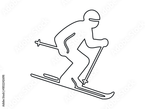 Black outline of skier racing down slope, winter sports icon, isolated on white background. concept of skiing, athlete, downhill, snow, outdoor activity, design element