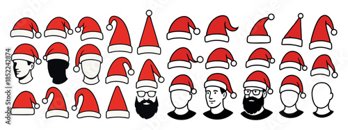 Collection of various santa hats on diverse faces, festive christmas accessory, graphic illustration. concept of costume, holiday, celebration, icon, design element
