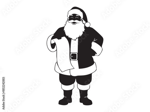 Black silhouette of santa claus holding christmas list. concept of holiday spirit, festive season, santa, gift giving, minimalist art, white background, decoration, icon