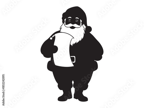 Black silhouette of santa claus holding a list isolated on white background. concept of christmas, holiday season, santa figure, festive decor, merry celebration, iconic character