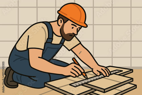 Caucasian male adult measuring wood for construction project