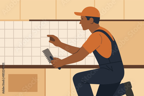 Young hispanic male tiling wall with tools in hand