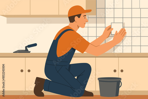 Caucasian male adult tiling kitchen wall with tools and equipment
