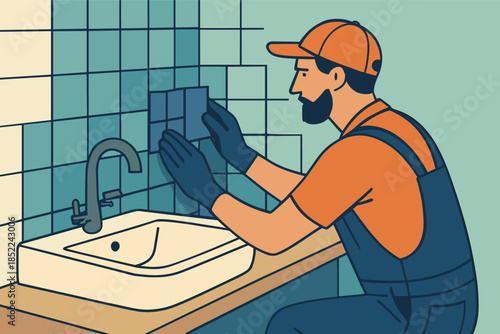 Caucasian male tile installer fixing bathroom sink area