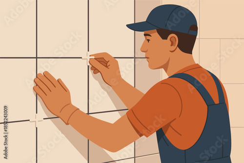 Male caucasian adult tiling wall with precision in work uniform