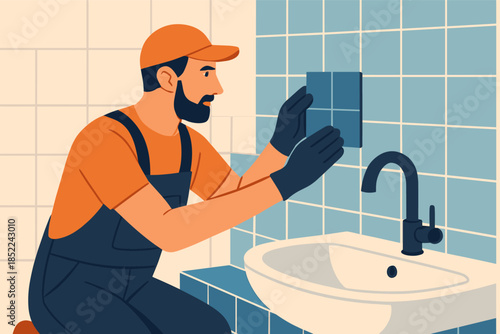 Male worker installing tiles in bathroom with sink and faucet