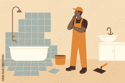 African male plumber contemplating bathroom tile renovation
