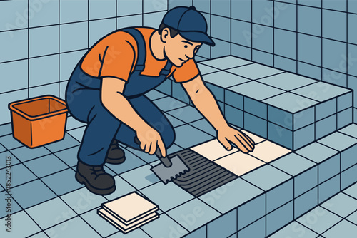 Young caucasian male installing bathroom tiles with trowel and bucket