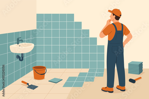Caucasian male adult tiler considering wall tile placement in bathroom