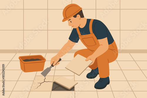 Male worker repairing tile flooring with trowel and hard hat
