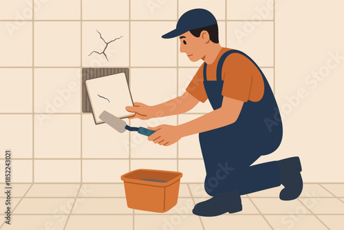 Young hispanic male repairing tile wall with trowel and bucket