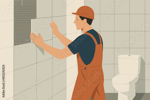 Caucasian male tiling bathroom wall with precision in overalls