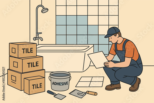 Male installing bathroom tiles with adhesive and tools