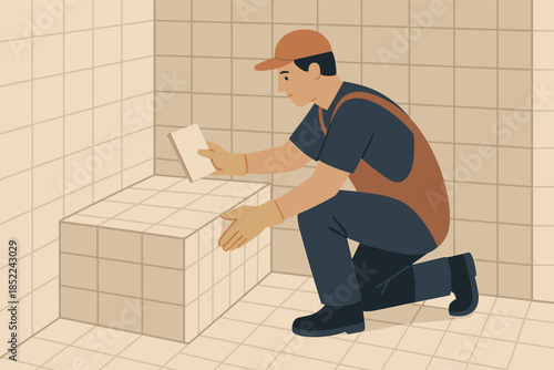 Male worker installing tiles in a bathroom