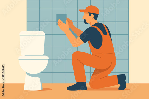 Male plumber installing tile in bathroom