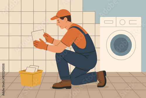 Young caucasian male worker organizing laundry room