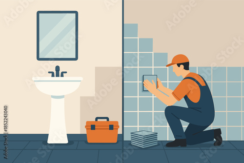 Male worker installing bathroom tiles next to sink with toolbox