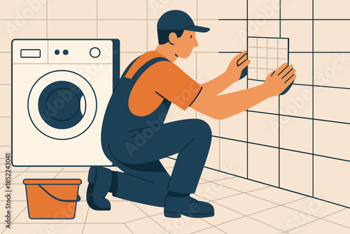 Caucasian male adult installing tiles in laundry room with washing machine