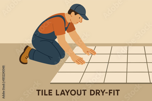 Male worker tile layout installation kneeling indoors