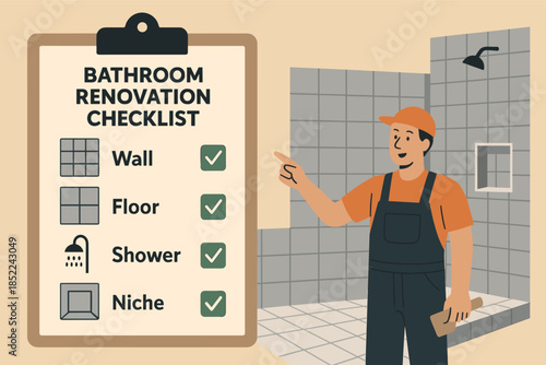 Male contractor illustrating bathroom renovation checklist with tasks and icons