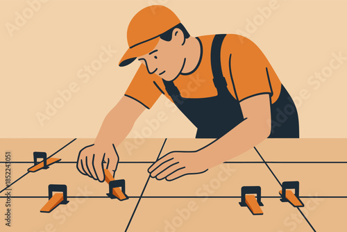 Caucasian male adult installing tiles with precision using spacers in construction setting