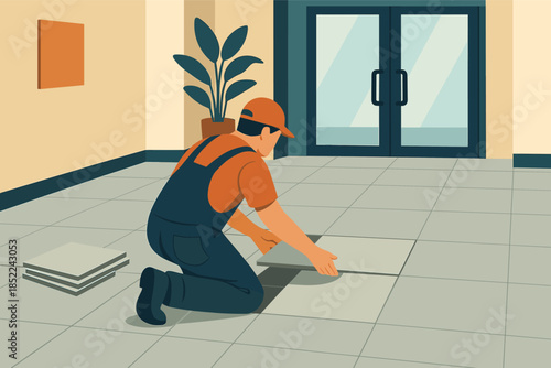 Male worker laying floor tiles in building lobby with plant
