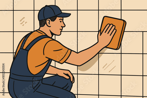 Male worker cleaning tile wall with sponge in uniform