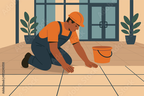 Young african male worker installing floor tiles in uniform with safety gear