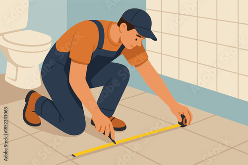 Young caucasian male measuring bathroom floor tiles with tape measure