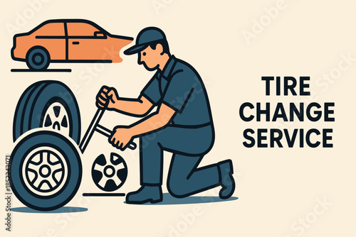 Male mechanic changing car tire for service advertisement