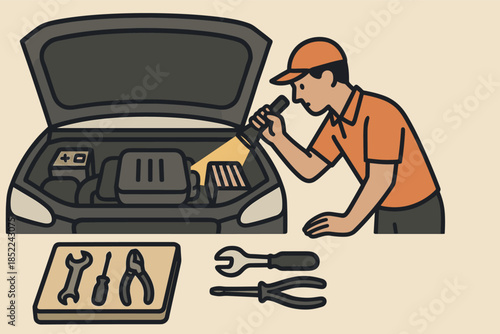 Asian male mechanic inspecting car engine with tools and flashlight