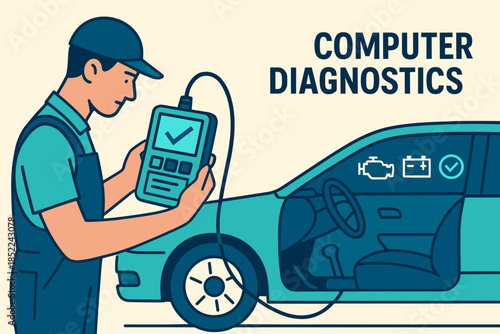 Male technician conducting computer diagnostics on car with handheld device