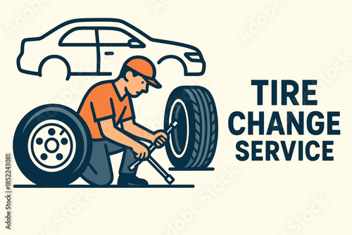 Male mechanic changing tire with tools for auto service