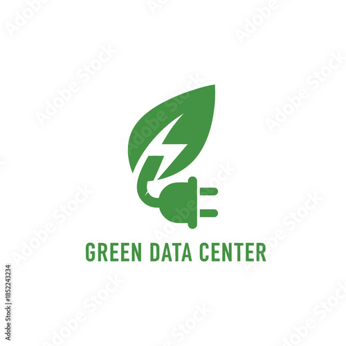 Green data center logo concept. leaf with power plug and lightning bolt