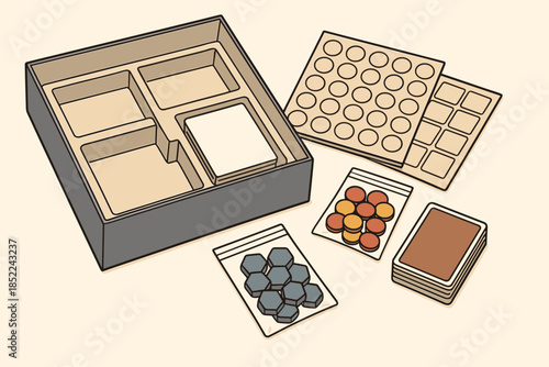 Board game box with components including cards and colored tokens