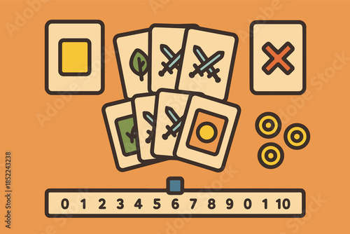 Card game icons with swords and symbols on orange background
