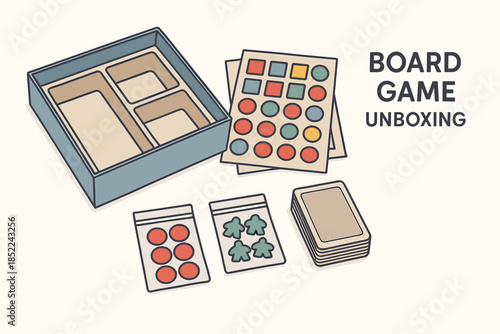 Unboxing a new board game: pieces, cards, and tokens displayed