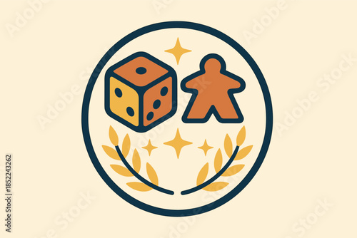 Board game icon featuring dice and meeple with laurel and stars design