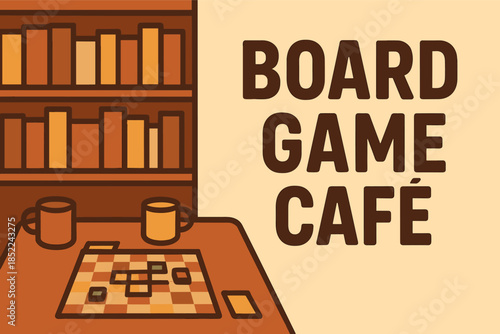 Cozy board game café with bookcase and coffee mugs