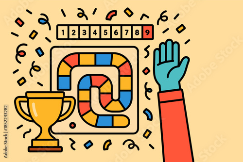 Colorful board game with trophy, number track, and raised hand celebration