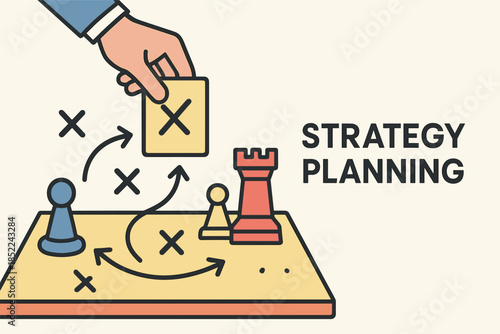 Hand placing game piece on strategy board with planning symbols