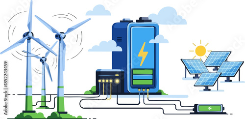 Renewable energy storage system with wind turbines and solar panels illustration