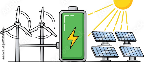 Renewable energy storage system with wind turbines and solar panels charging