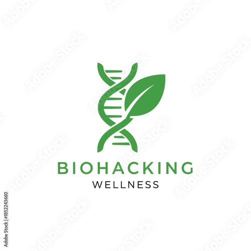 Biohacking wellness DNA logo design with leaf, a genetics and health concept