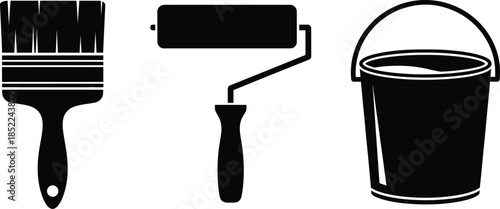 Painting tools collection including brush roller and bucket on transparent background silhouette