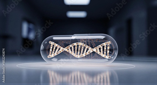 Futuristic DNA Pill – Biotechnology Innovation: Conceptual image of a high-tech capsule infused with DNA strands, symbolizing futuristic medicine, genetic therapy, and biotechnology advancement.