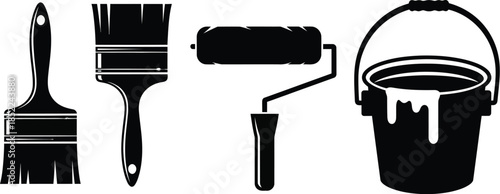 Painting tools collection including brushes roller and bucket on transparent background silhouette