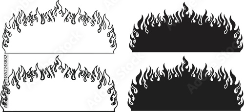 Black fire frame designs with decorative elements on transparent background silhouette